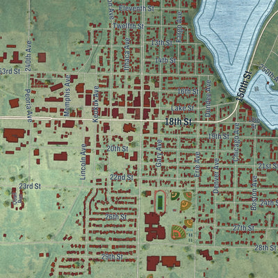 Close-up of the map of Spirit Lake, Iowa print showing street and building detail