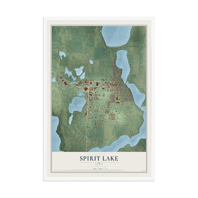 Map of Spirit Lake, Iowa, 12 x 18 inch print in a white wood frame