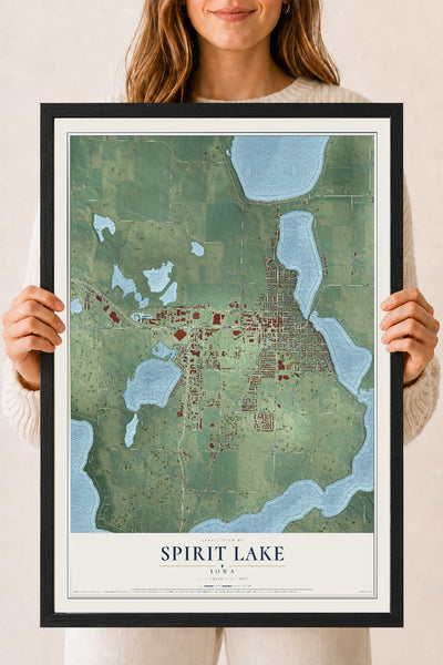 Map of Spirit Lake, Iowa, 18 x 24 inch print in a black wood frame