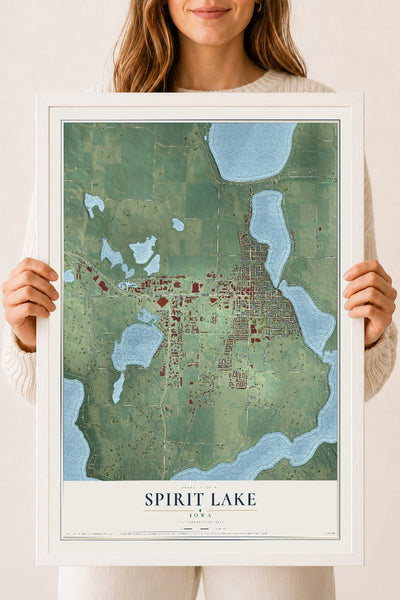Map of Spirit Lake, Iowa, 18 x 24 inch print in a white wood frame