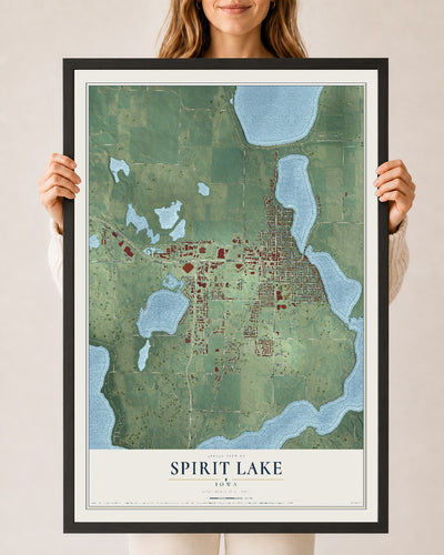 Map of Spirit Lake, Iowa, 24 x 36 inch print in a black wood frame