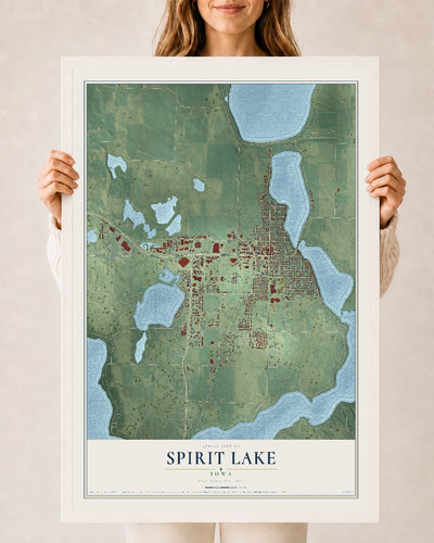 Map of Spirit Lake, Iowa, 24 x 36 inch print in a white wood frame