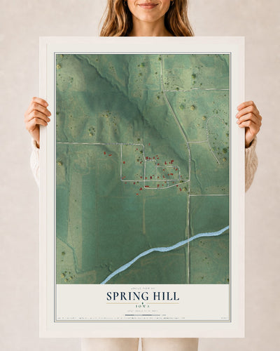 Map of Spring Hill, Iowa, 24 x 36 inch print in a white wood frame