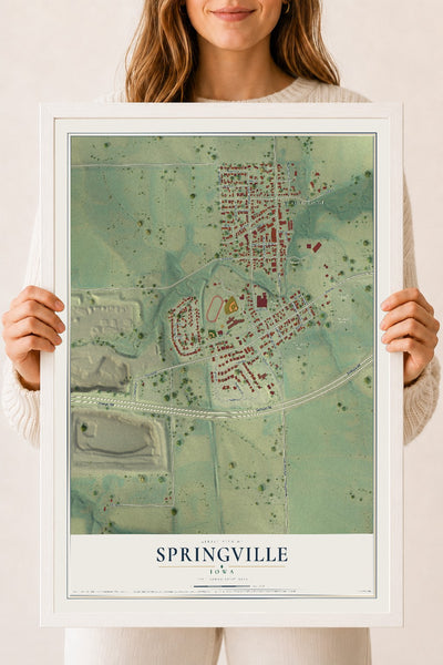 Map of Springville, Iowa, 18 x 24 inch print in a white wood frame