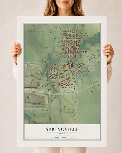 Map of Springville, Iowa, 24 x 36 inch print in a white wood frame