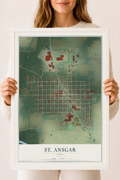 Map of St. Ansgar, Iowa, 18 x 24 inch print in a white wood frame