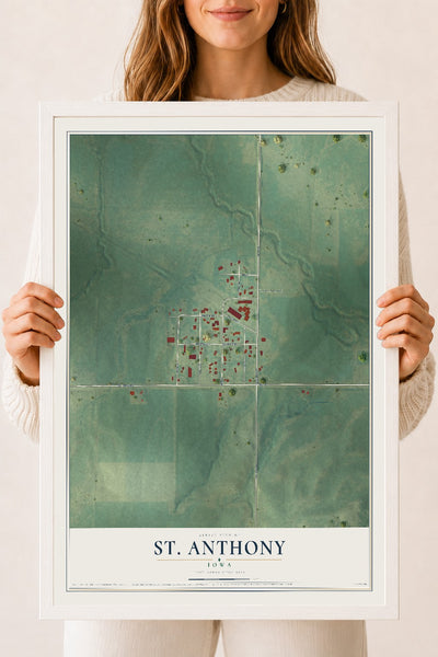 Map of St. Anthony, Iowa, 18 x 24 inch print in a white wood frame