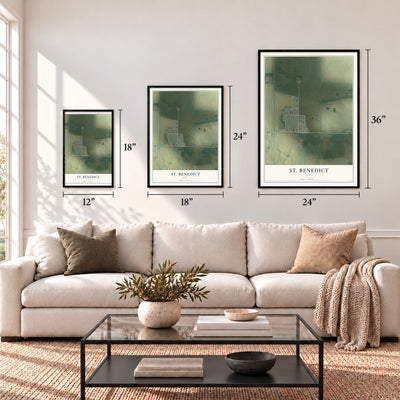 St. Benedict, Iowa map in 12 x 18, 18 x 24 and 24 x 36 inch sizes above a sofa