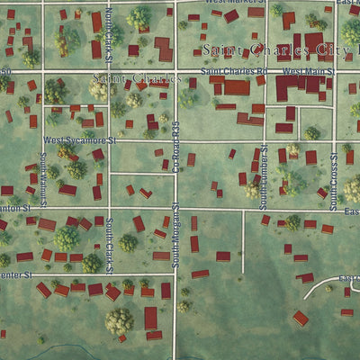 Close-up of the map of St. Charles, Iowa print showing street and building detail