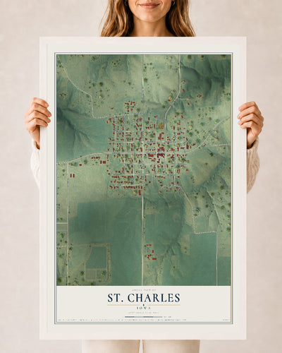 Map of St. Charles, Iowa, 24 x 36 inch print in a white wood frame