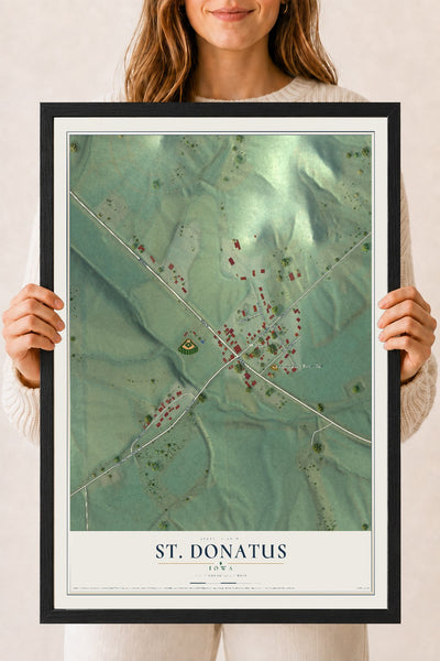 Map of St. Donatus, Iowa, 18 x 24 inch print in a black wood frame