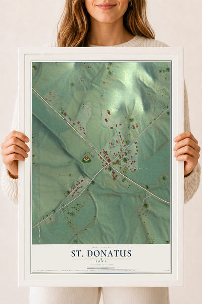 Map of St. Donatus, Iowa, 18 x 24 inch print in a white wood frame