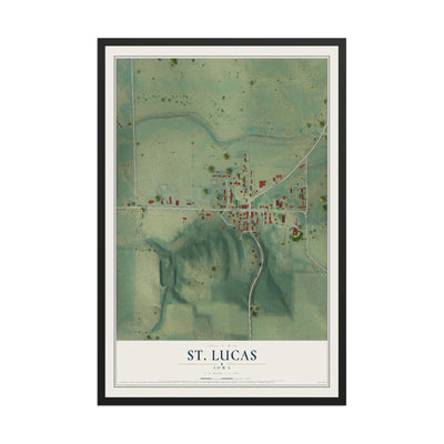 Map of St. Lucas, Iowa, 12 x 18 inch print in a black wood frame