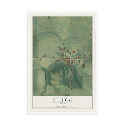 Map of St. Lucas, Iowa, 12 x 18 inch print in a white wood frame