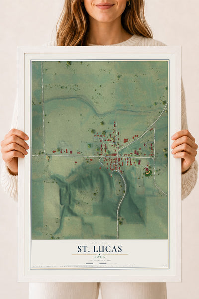 Map of St. Lucas, Iowa, 18 x 24 inch print in a white wood frame
