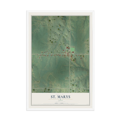 Map of St. Marys, Iowa, 12 x 18 inch print in a white wood frame