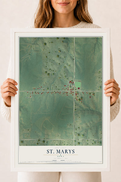 Map of St. Marys, Iowa, 18 x 24 inch print in a white wood frame