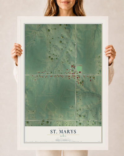 Map of St. Marys, Iowa, 24 x 36 inch print in a white wood frame