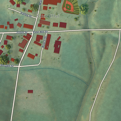 Close-up of the map of St. Olaf, Iowa print showing street and building detail