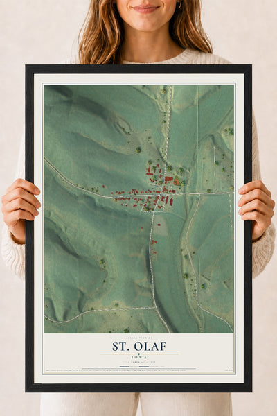 Map of St. Olaf, Iowa, 18 x 24 inch print in a black wood frame