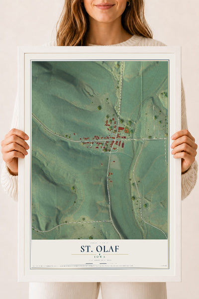 Map of St. Olaf, Iowa, 18 x 24 inch print in a white wood frame