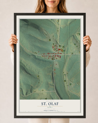 Map of St. Olaf, Iowa, 24 x 36 inch print in a black wood frame