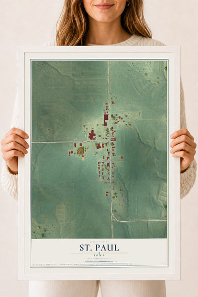 Map of St. Paul, Iowa, 18 x 24 inch print in a white wood frame