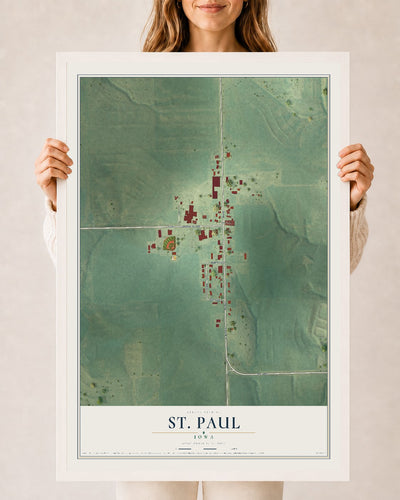 Map of St. Paul, Iowa, 24 x 36 inch print in a white wood frame