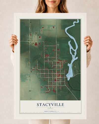 Map of Stacyville, Iowa, 24 x 36 inch print in a white wood frame