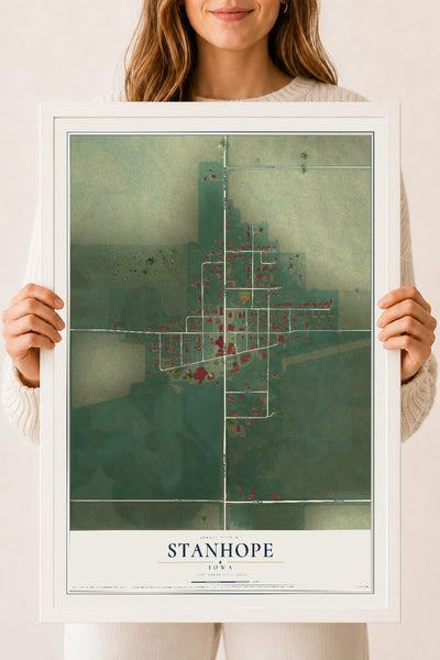 Map of Stanhope, Iowa, 18 x 24 inch print in a white wood frame