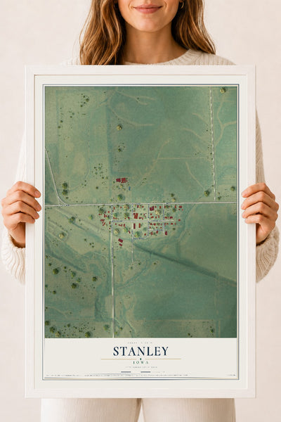 Map of Stanley, Iowa, 18 x 24 inch print in a white wood frame