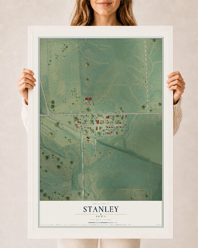 Map of Stanley, Iowa, 24 x 36 inch print in a white wood frame