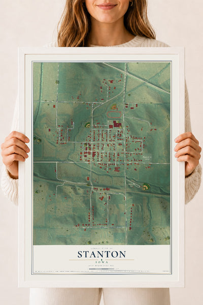 Map of Stanton, Iowa, 18 x 24 inch print in a white wood frame