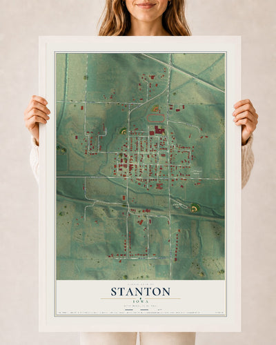 Map of Stanton, Iowa, 24 x 36 inch print in a white wood frame