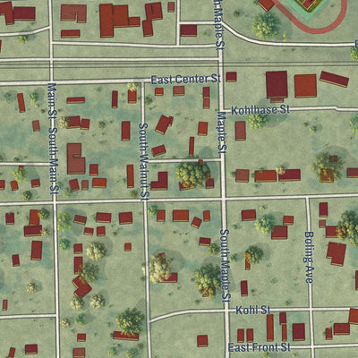 Close-up of the map of Stanwood, Iowa print showing street and building detail