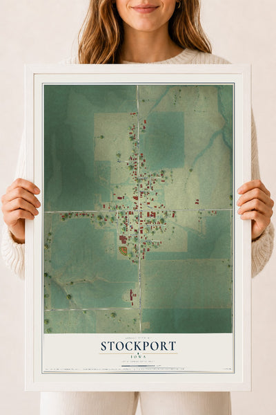 Map of Stockport, Iowa, 18 x 24 inch print in a white wood frame