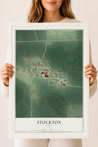 Map of Stockton, Iowa, 18 x 24 inch print in a white wood frame