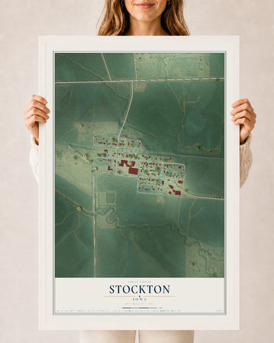 Map of Stockton, Iowa, 24 x 36 inch print in a white wood frame