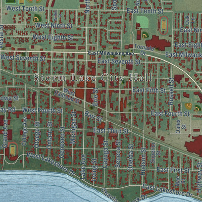 Close-up of the map of Storm Lake, Iowa print showing street and building detail