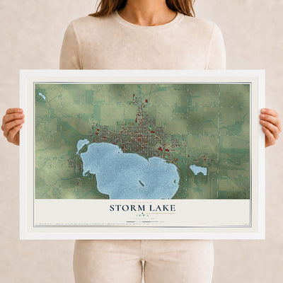 Map of Storm Lake, Iowa, 12 x 18 inch print in a white wood frame