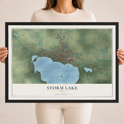 Map of Storm Lake, Iowa, 18 x 24 inch print in a black wood frame