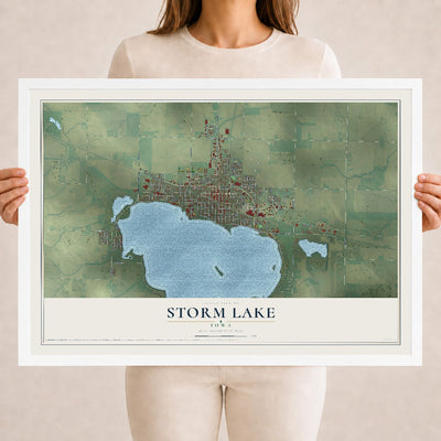 Map of Storm Lake, Iowa, 18 x 24 inch print in a white wood frame