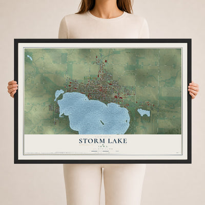 Map of Storm Lake, Iowa, 24 x 36 inch print in a black wood frame