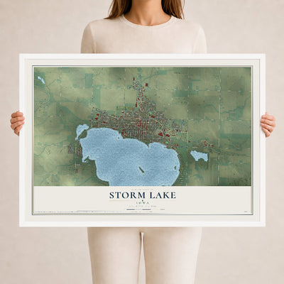 Map of Storm Lake, Iowa, 24 x 36 inch print in a white wood frame