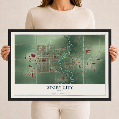 Map of Story City, Iowa, 12 x 18 inch print in a black wood frame