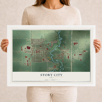 Map of Story City, Iowa, 12 x 18 inch print in a white wood frame