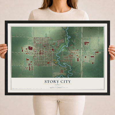 Map of Story City, Iowa, 18 x 24 inch print in a black wood frame