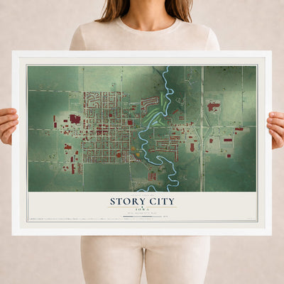 Map of Story City, Iowa, 18 x 24 inch print in a white wood frame