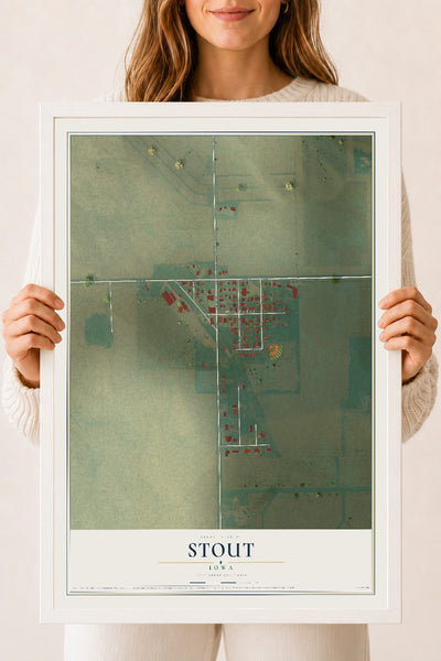 Map of Stout, Iowa, 18 x 24 inch print in a white wood frame