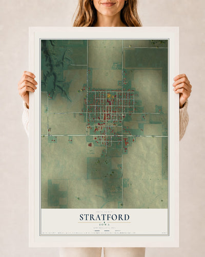 Map of Stratford, Iowa, 24 x 36 inch print in a white wood frame